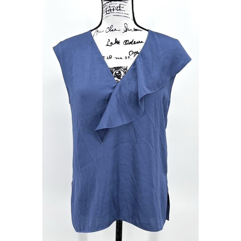 Theory Blouse Size Small Blue Asymmetrical Ruffle Sleeveless Satin Top‎